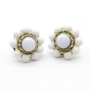 Vintage Crystal Halo Floral Earrings, Classic White Milk Glass Flower, Screw Bac